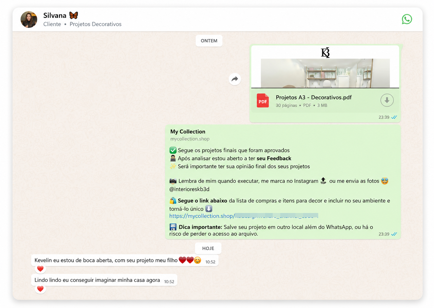 Print de WhatsApp com cliente Silvana dizendo estar de boca aberta com o projeto e conseguindo imaginar a casa pronta.