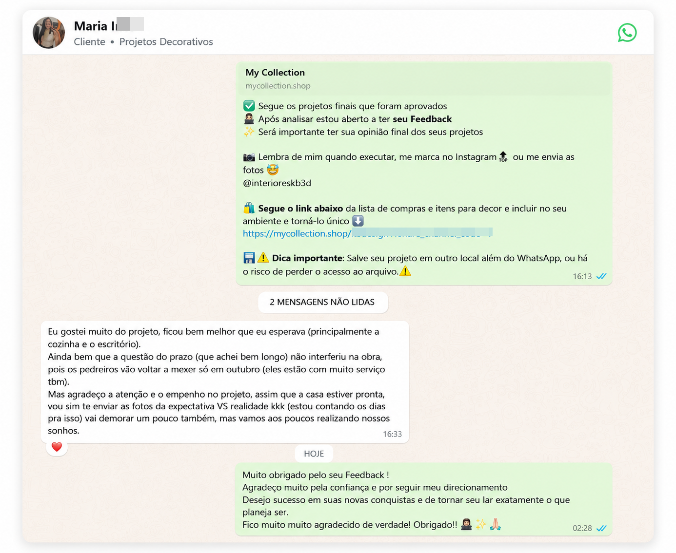 Mensagem longa de cliente Maria elogiando o projeto, destacando cozinha e escritório, e agradecendo pela atenção e empenho.