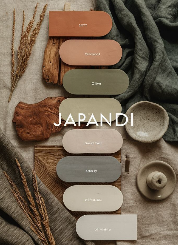 Paleta de cores Japandi com tons terrosos, oliva e off-white