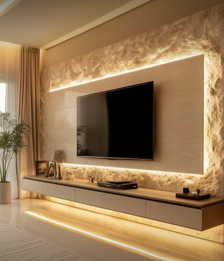 Painel de sala com textura suave, relevo discreto e acabamento em pedra com iluminação embutida