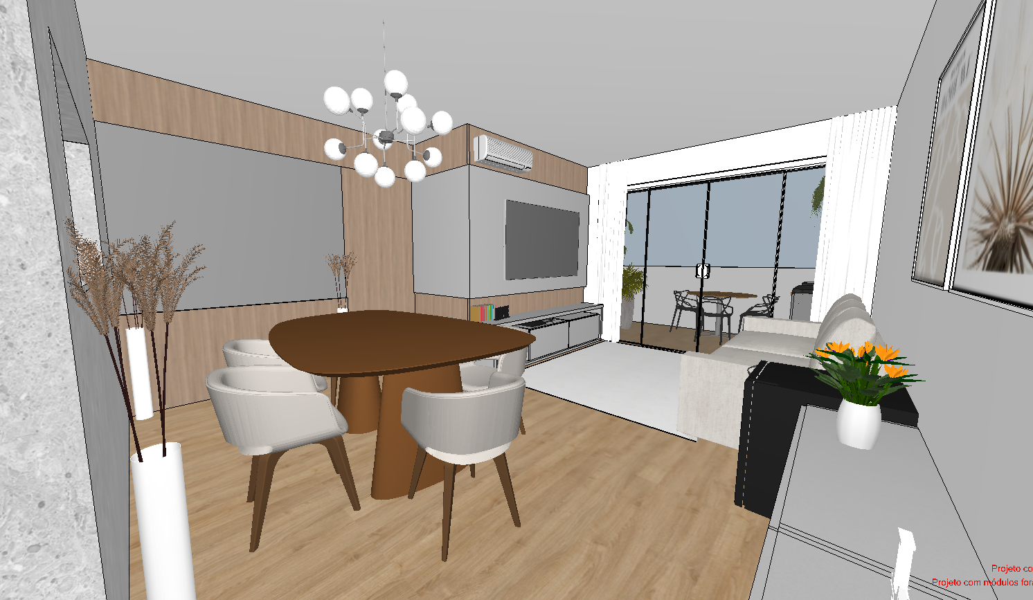 Estudo conceitual da sala e jantar integrados