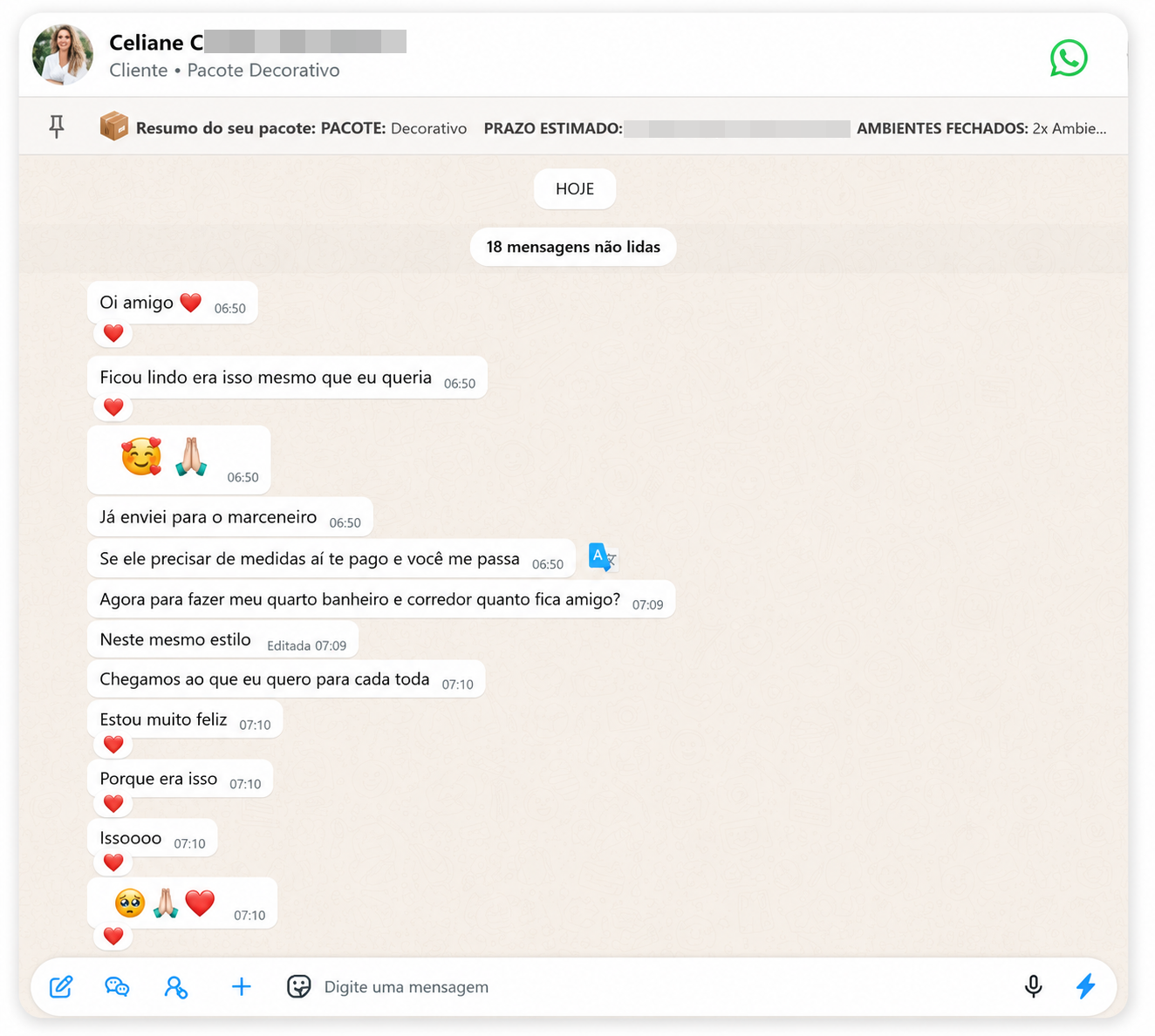 Conversa no WhatsApp com feedback da cliente Celiane dizendo que ficou lindo, que era exatamente o que queria e que está muito feliz.