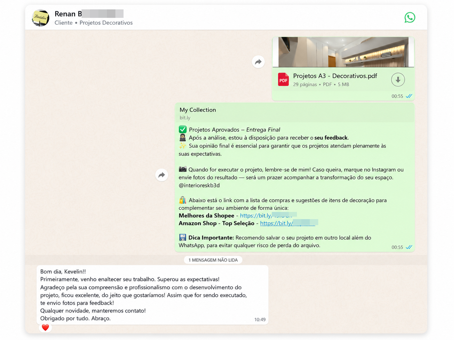 Feedback do cliente Renan elogiando o profissionalismo, dizendo que o projeto superou expectativas e que enviará fotos da execução.